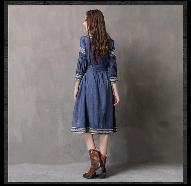 Vintage  V-Neck Summer Sashes Dress 2018 Embroidery New Denim Vestidos A-line Half Sleeve Belted Women Dresses Vestido Female (15)