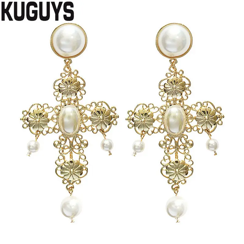 

KUGUYS Hyperbole Gold Cross Earrings for Women Fashion Jewelry Fashion Vintage Baroque Pearl Drop Earring Wedding Accessories