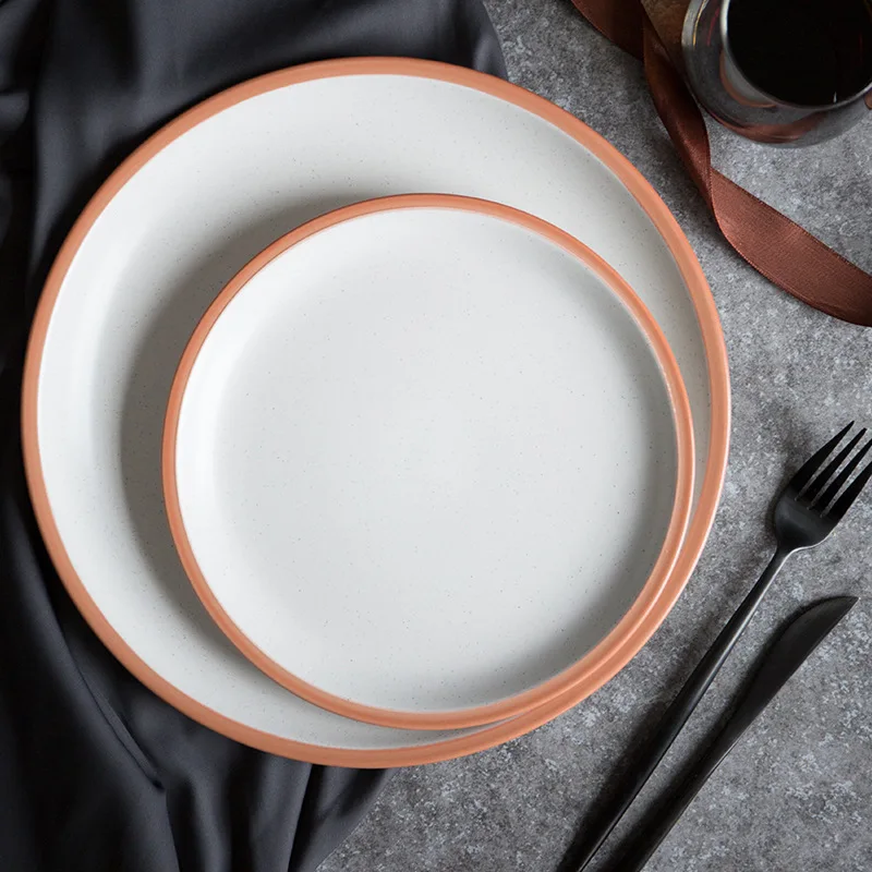 1pc Brief Orange Rim china Porcelain Round Dinner Dish Dining Snacks