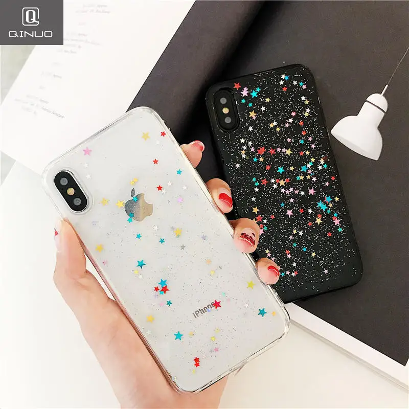 

QINUO High quality Epoxy Glitter Case for iPhone 6 6s 7 8 Plus X XS Glossy Colorful Stars Estojo Clear Soft Telefon Kilifi Funda