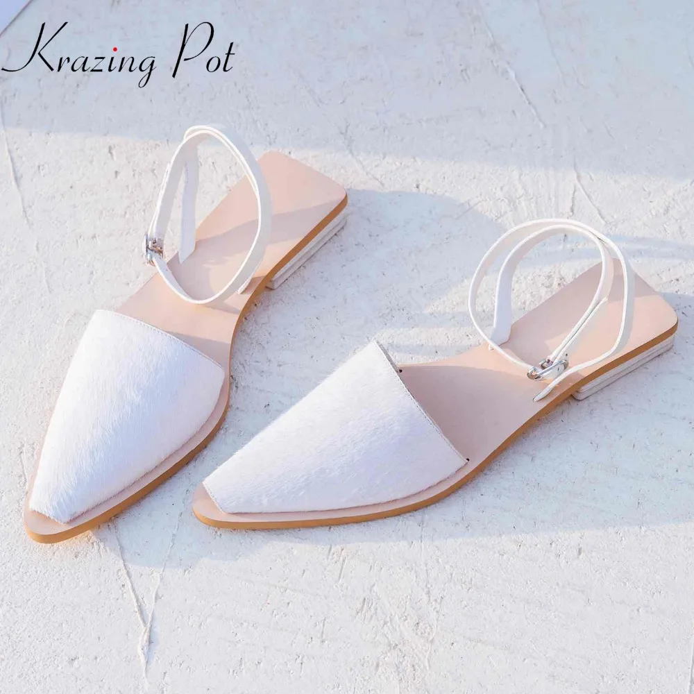 

Krazing pot 2018 hot sale horsehair solid color low heels buckle straps women pumps European lazy streetwear pregnant shoes L59