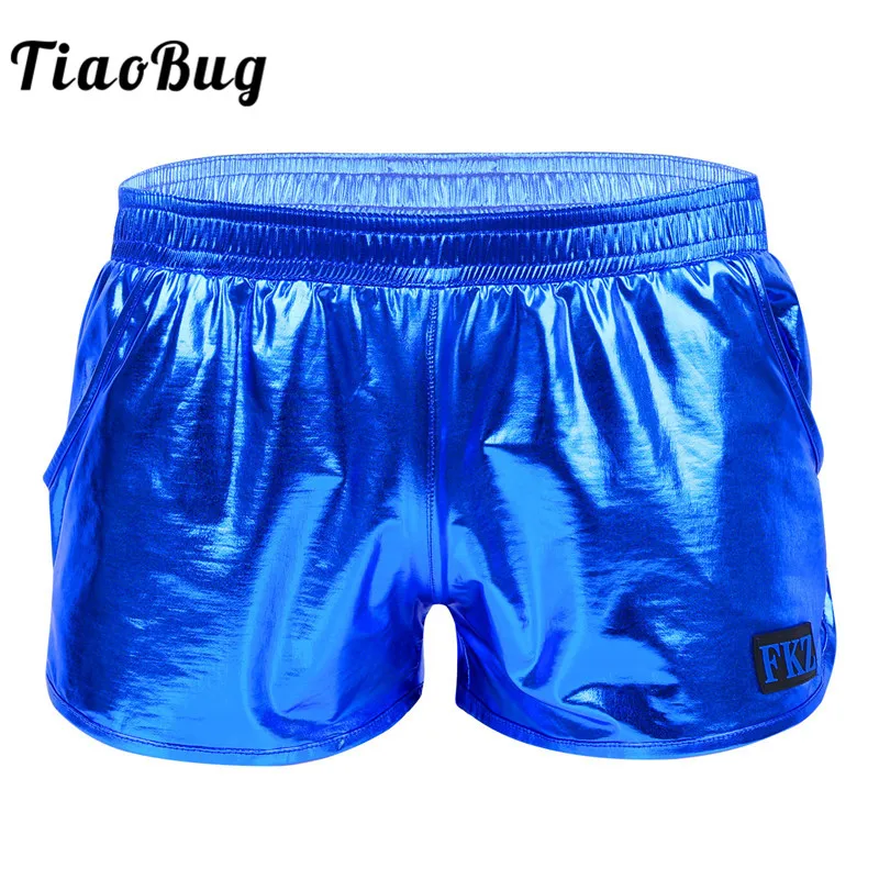 

TiaoBug Shiny Metallic Low Rise Elastic Waistband Men Boxer Shorts Club Rave Dance Stage Performance Costume Bathing Suit Trunks