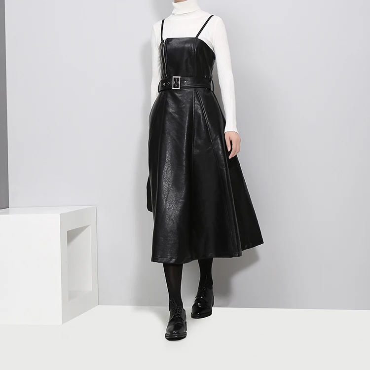 A-line Spaghetti Strap Faux Leather Black Dress With Belt