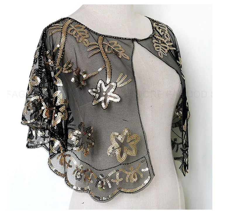 Women Glittering 1920s Shawl Wraps Sequin Beaded Evening Cape Bolero Flapper Cover Up (13)