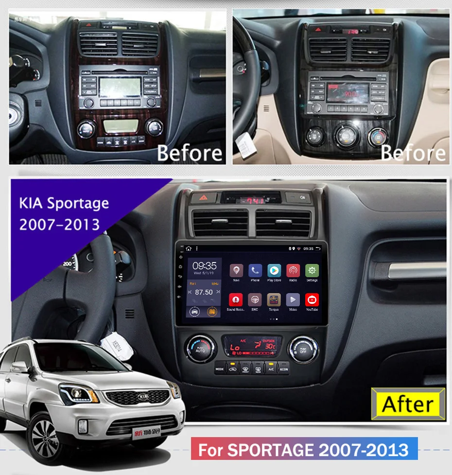 Sale 9 inch 2.5D IPS HD multi-touch screen Android8.1 2G RAM 32G ROM NAVI For KIA Sportage 2007-2013 with Bluetooth USB WIFI SWC 1