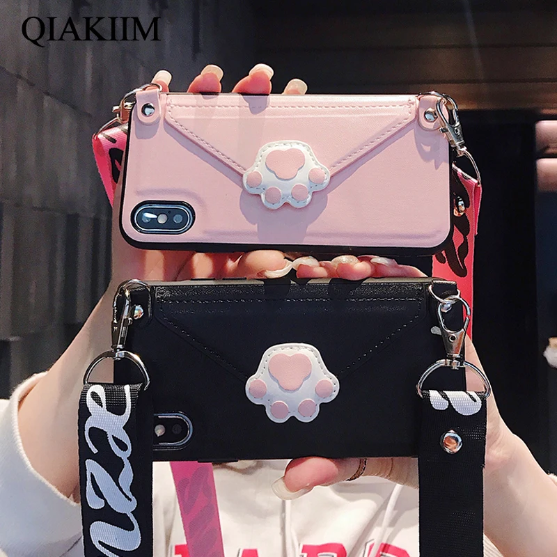 

Cute Cat Claw Leather Case For iPhone 6 6s 7 8 Plus Fashion Pocket Holders Phone Cases with Lanyard For iPhone XS Max XR Cover