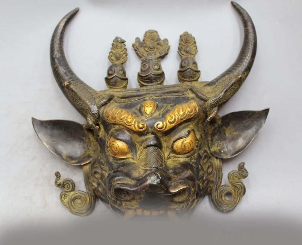 

14" Chinese Bronze Gilt Yamantaka Head Mask Hayagriva Buddha Face Bull Ox Statue