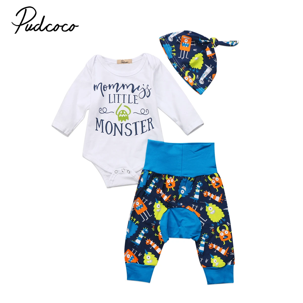 Pudcoco Toddler Baby Fashion Clothing Sets Tops Romper Jumpsuit+Long Pants+Hat 3pcs Cartoon Baby Cute Outfits Clothes Set