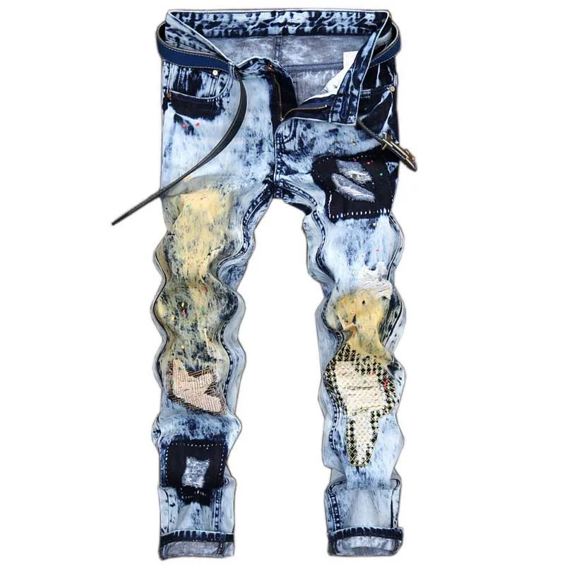 

Men's fashion vintage washed holes ripped biker jeans Slim straight stretch denim pants Rock star Distressed jeans Plus size 42