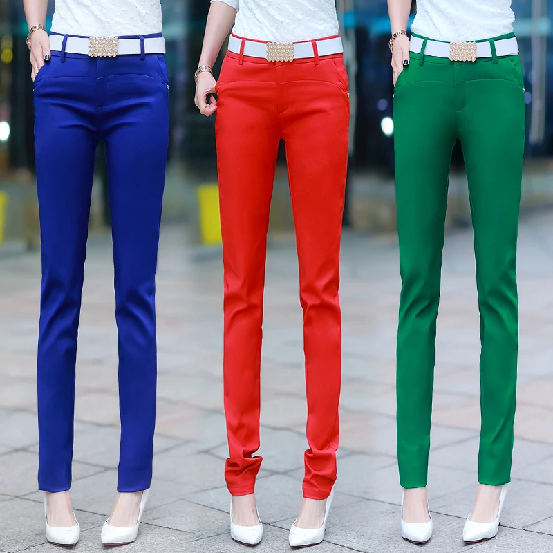 

Spring Summer Women Pencil Pants 2018 Spring New Casual Slim Mid Waist Ladies Trousers Pocket Candy Color Office Pants With Belt