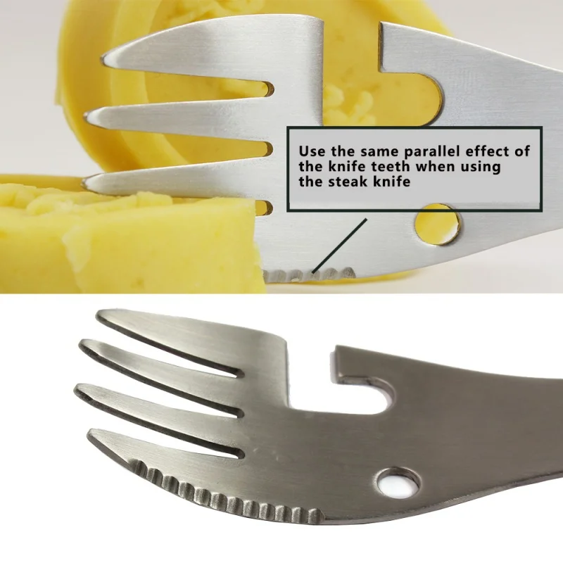 304 acero inoxidable multifuncional equipo de camping utensilios de cocina cuchara tenedor abrebotellas herramienta portátil supervivencia al aire libre