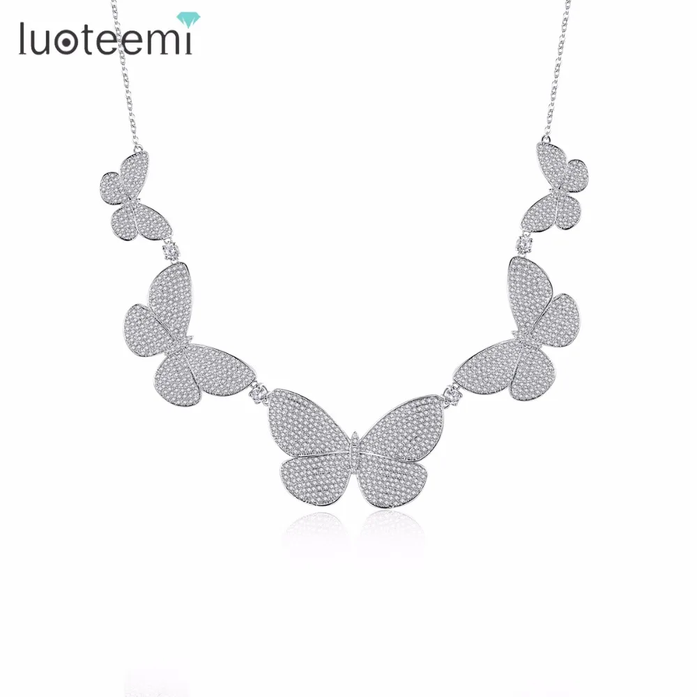 

LUOTEEMI New Vintage Jewelry Five Pcs Butterfly Pendant with Long Chain Necklace Micro Paved Tiny CZ Crystal Delicate Bijoux