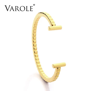

VAROLE Simple Elegant Cuff Bangles Bracelets for Women Stainless Steel Gold Color Bangle Pulseiras