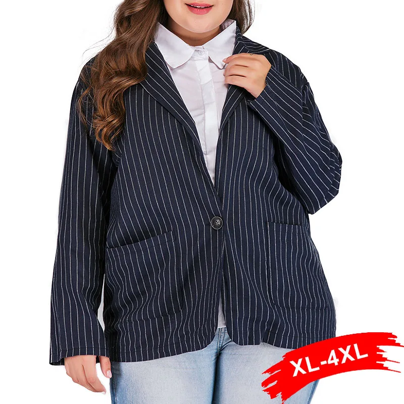 

Plus Size Women Elegant Stylish Striped Blazer Single Button Long Sleeve 3Xl 4Xl Office Wear Coat Female Casual Outerwear Tops
