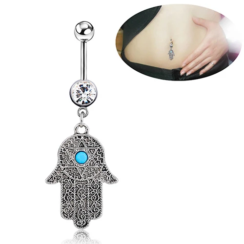 

Bluelans 1Pc Vintage Hamsa Symbol Fatima Hand Rhinestone Navel Belly Button Ring