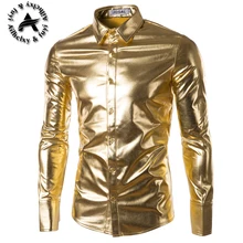 Mens Trend Night Club Coated Metallic Gold Silver Button Down Shirts Stylish Shiny Long Sleeves Dress Shirts For Men