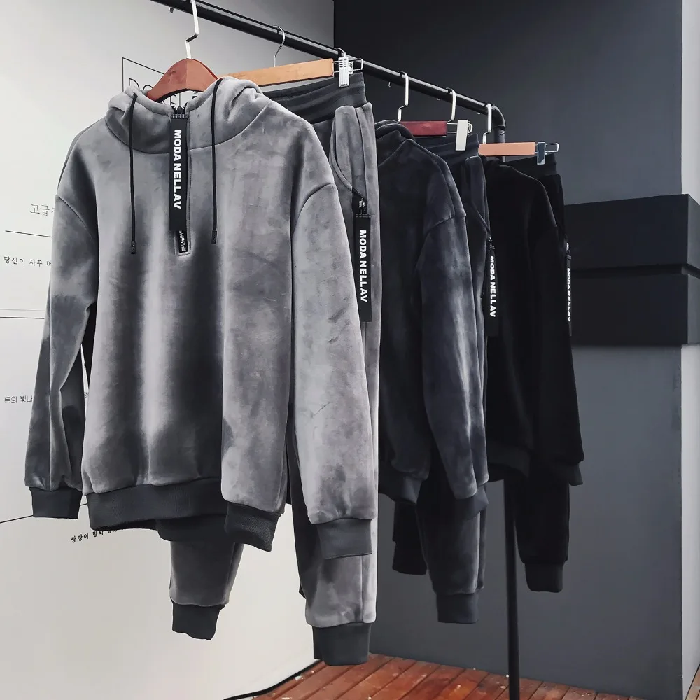 men set 2018 winter new plus Gold velvet thicken warm hooded sweatshirt streetwear hoodies pants two 5
