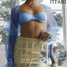 Сексуальный женский топ Лолиты синяя блестящая блуза с длинным рукавом и вырезом прозрачные сетчатые прозрачные кроп Топы