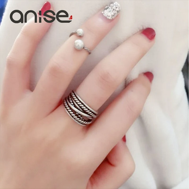 

Anise Fashion Wide Screw Thread Mosaic Simulated Pearl Female Rings Vintage Punk Alloy Decorative Knuckle Rings For Women