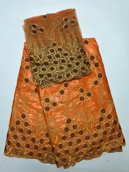 

orange french lace bazin riche getzner 2017 with beads high quality embroidery blouses african head wrap 7yard/lot