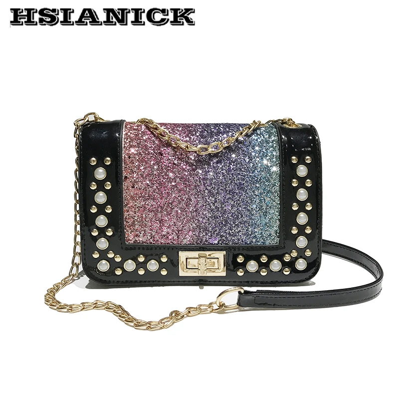 

new arrival small bag female 2019 new fashion sequin shoulders bag Messenger bag super hot chain small square package handbag