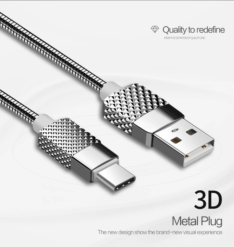 ZRSE usb type-C кабель USB C 1 м металлический пружинный кабель для зарядки и передачи данных тип-c Реверсивный USB кабель для Android Xiaomi huawei