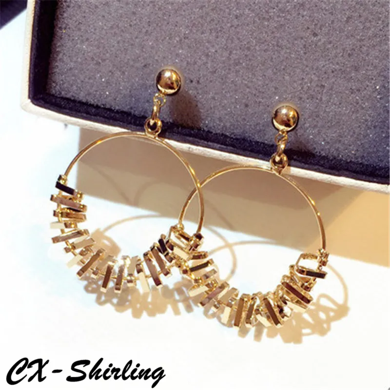 

CX-Shirling Charm Pendant Earrings Female Anti-Allergy Gold&Silve Round Circle Female Dangles Elegant Fashion Big Earrings