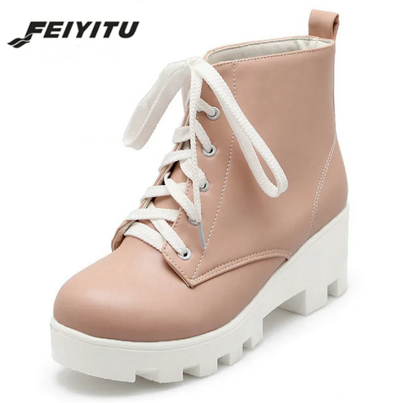 

feiyitu Round Toe Motorcycle Boots Lace-Up Square High Heels Short Plush Solid Platform Ankle Boots Winter Women Shoes Pink