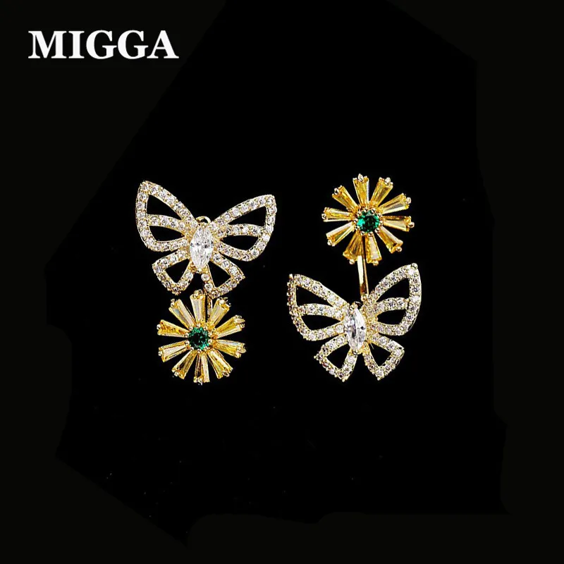 

MIGGA Luxury AAA Golden Cubic Zirconia Daisy Flower Butterfly Stud Earrings for Women Gift Double Usages