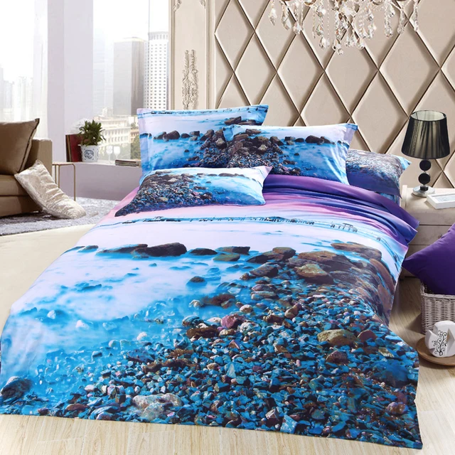 3D blue purple sea beach bedding sets queen size cotton