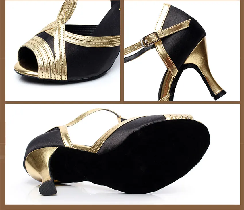Черная обувь для Для женщин Salsa танцевать латинские самбы Танго Обувь для танцев золотой PU/черный атлас Для женщин Обувь для танцев каблук 6