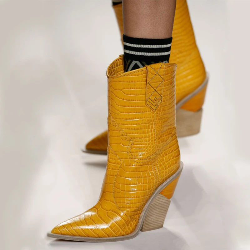 

Fashion Embossed Microfiber Leather Women Ankle Boots Pointed Toe Western Cowboy Boots Women Mid-calf Chunky Wedges Boots Runway