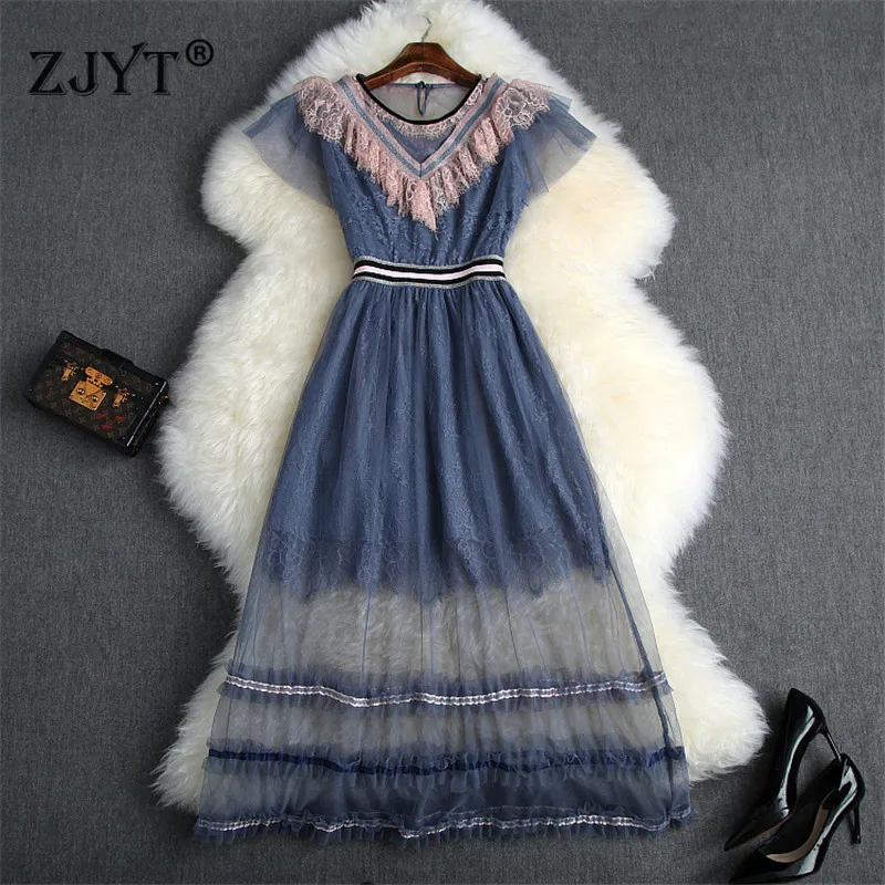 

New Arrival Summer Women Dress 2019 Fashion Designer Ruffle Color Block Mid Calf Sexy Party Lace Tulle Dress Casual Vestidos