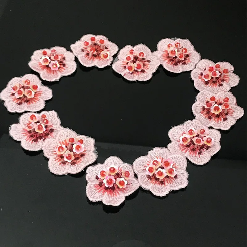 Embroidered bottom pink handmade beaded flower patch 3D small flower