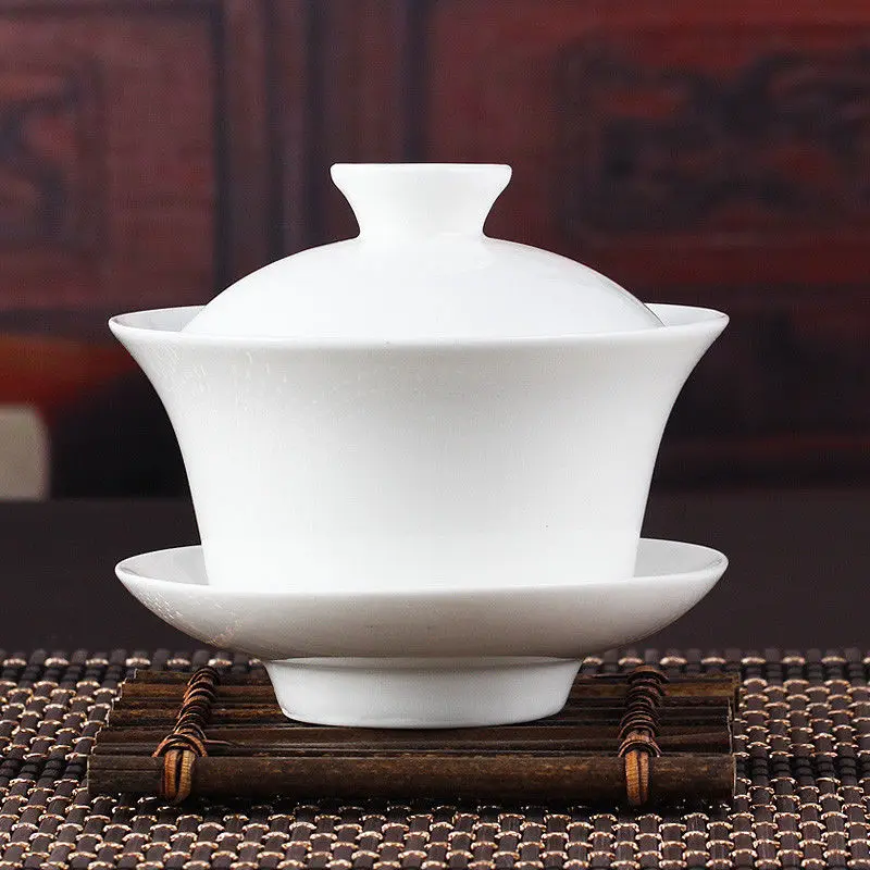 Китайский чайный набор Gaiwan, кунг-фу, белый керамический гайвань, белая чайная посуда Sancai, чайная чашка для пуэр, белый чай, Серебряная игла