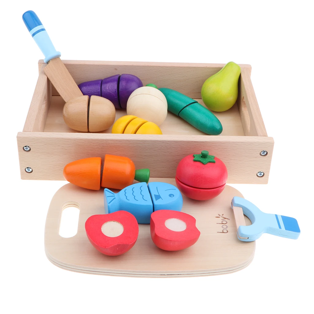 14pcs Wooden Simulation Sticky Fruits Vegetables Play Food Baby Preschool Kitchen Toys Role Pretend Playing Game
