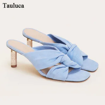 

Women Faux Suede Slippers New Style High Heels Open Toe Shallow Mouth Sandals Female Cross Strap Slip On Beach Outside Shoes