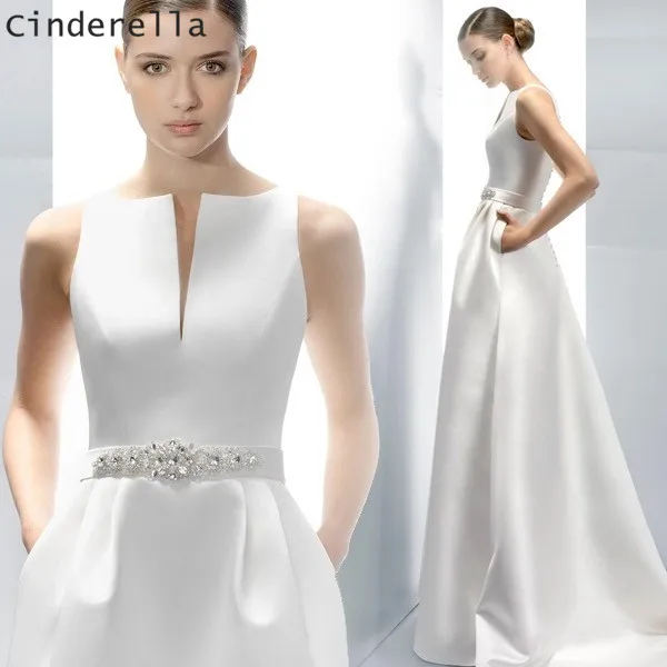 

Cinderella Simple Style Scoop Sleeveless A-Line Court Train Lace Up Satin Wedding Dresses Hand Made Sash Ivory Bride Gowns