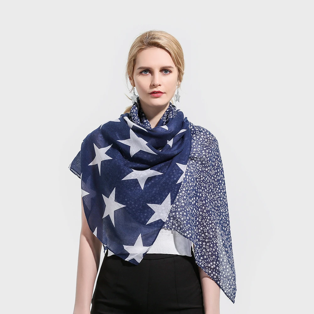

Winfox 2018 New Fashion Lightweight Soft Navy Color Star Print Belong Scarf Pashmina Foulard Echarpe Femme Scarves