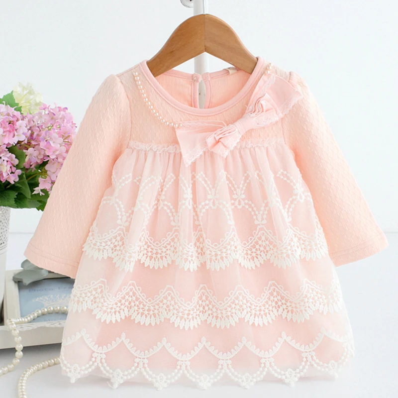 Baby Dress Long Sleeve Newborn Baby Baptism Ball Gown Tiered Lace Dresses with Bow Winter Clothes Birthday Girls Dress B014