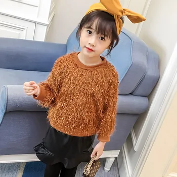

Fashion Autumn New Baby Girl Velvet T Shirt Children's Warm Tops Full Tassel Sweater Performance Pullover Children's Outwear
