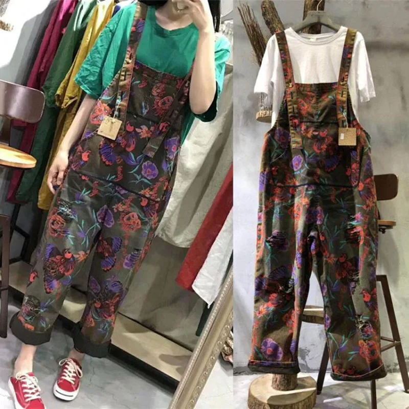 Free Shipping 2019 New Fashion Flower Print Overalls Denim Loose Jumpsuits And Rompers With Pockets Long Pants Spring Jumpsuits 2021 women retro denim bib overalls jeans jumpsuits and rompers ladies ripped hole casual stretch long playsuit pockets jumpsuit