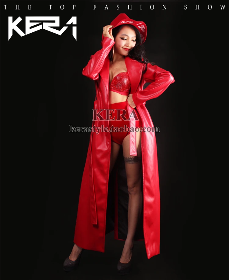 S-3XL! Новое Женское модное тонкое 2ne1 DJ Супер Длинное Красное кожаное пальто костюмы для певцов больших размеров одежда