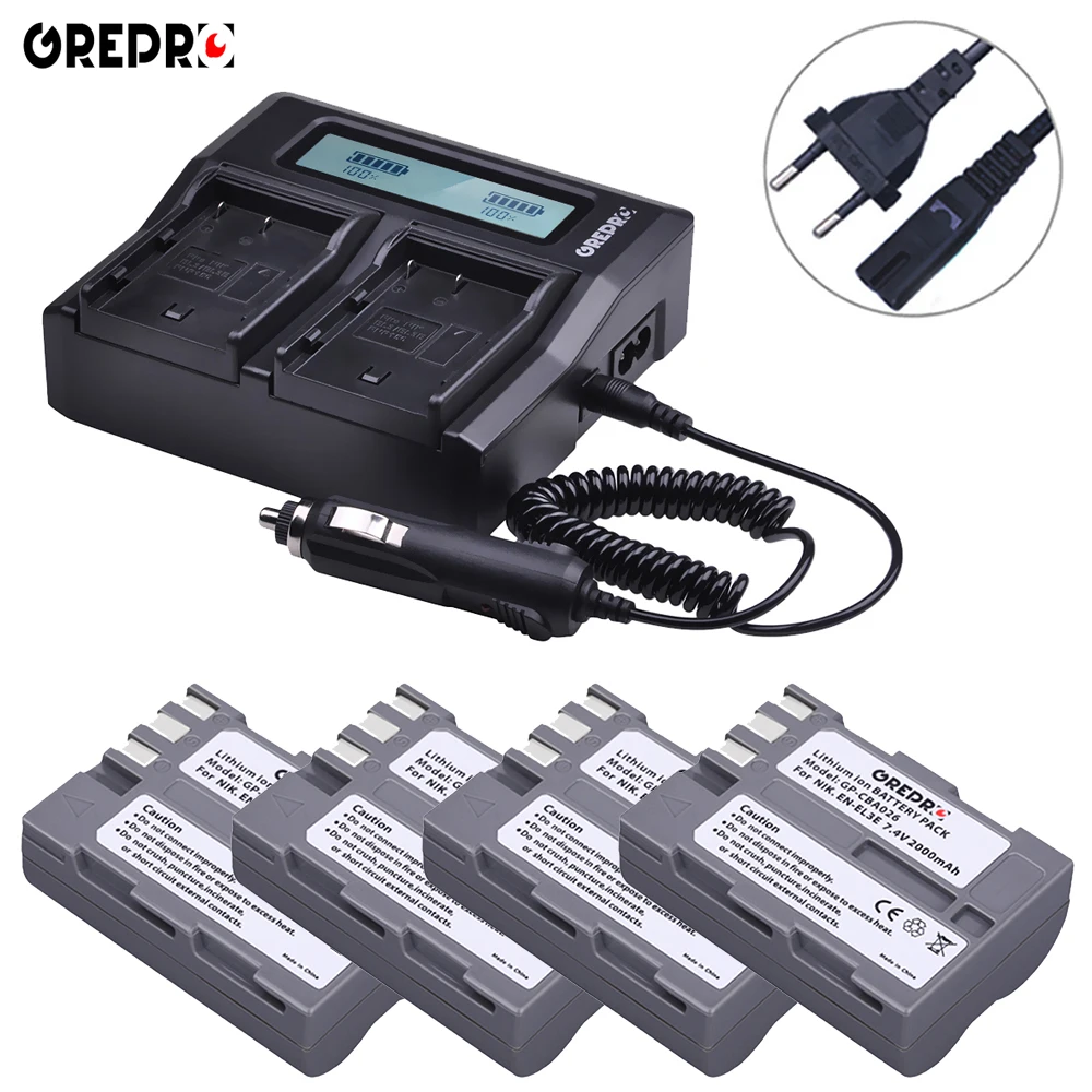 

GREPRO 4pcs 2000mAh EN-EL3E EN EL3E ENEL3E Camera Battery+LCD Fast Charger for Nikon D70 D70S D80 D90 D100 D200 D300 D300S D700