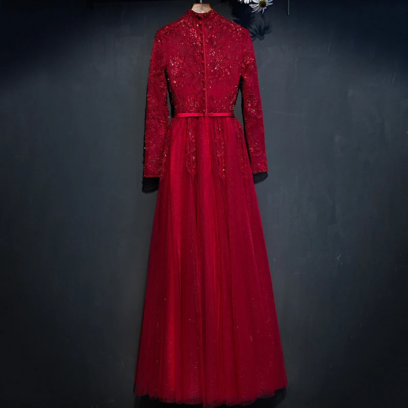 Элегантное вечернее платье с длинными рукавами; Robe De Soiree; бордовые вечерние платья с высоким воротом; длинное платье; ; дизайн; vestido de festa