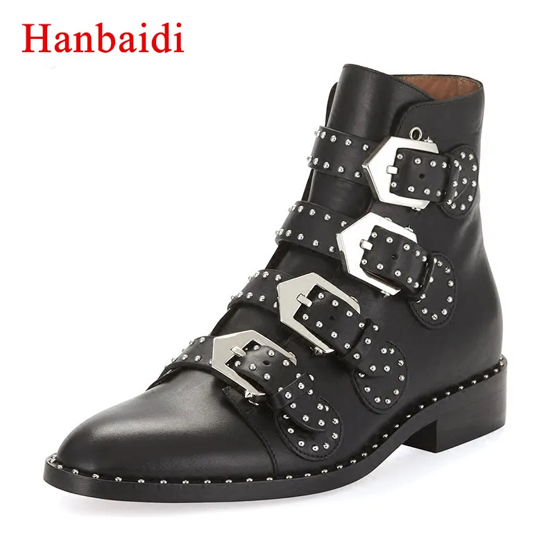 

Hanbaidi NewBlack Real Leather Martin Boots Women Pointed Toe Metal Rivet Belt Buckle Motorcycle Boots Woman Fashion Ankle Boots