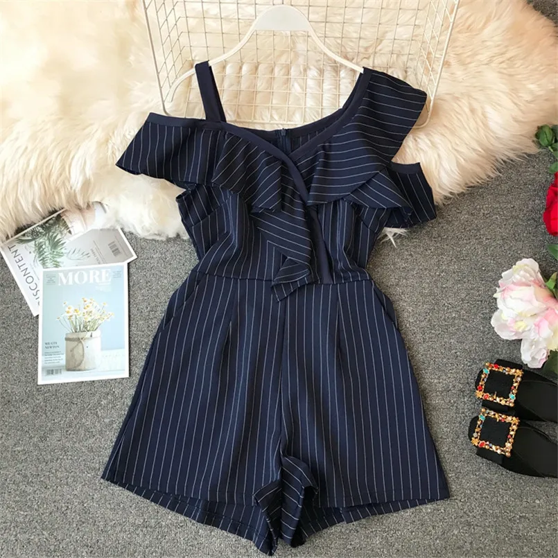 

Fashion 2019 Ruffles Striped Print Off Shoulder Asymmetrical Short Jumpsuit Casual Sexy Women Overalls Summer Irregular Romper