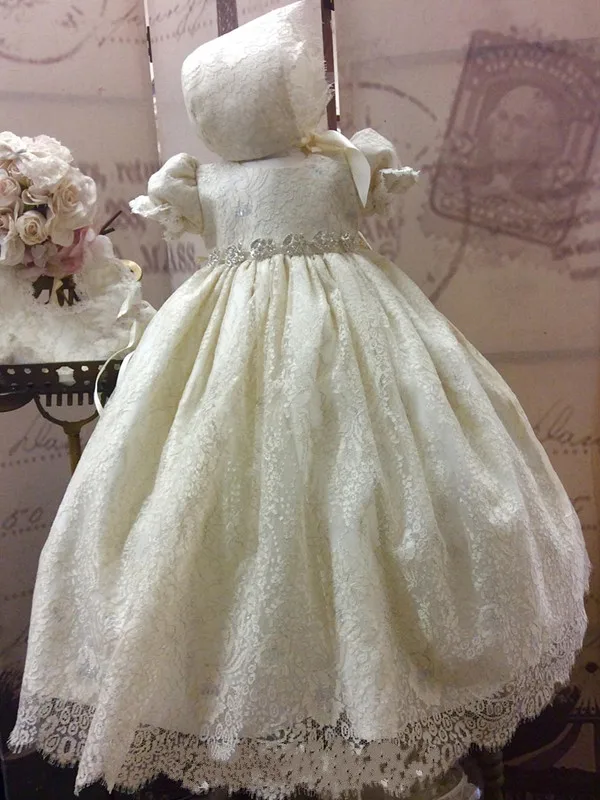 Baby Toddler Girls Christening Dress Formal Gown Solid White Bonnet Flower