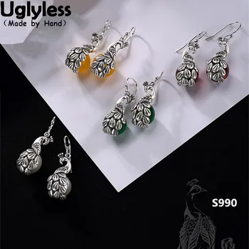 

Uglyless Real 999 Fine Silver Jewelry Natural Chalcedony Dress Earrings for Women Handmade Jewelry Peacock Brincos Ethnic Bijoux