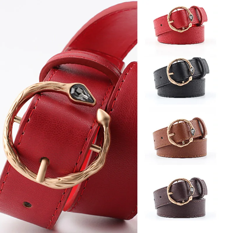 PU Leather Female Round Waist Belts Women Wide Retro Inlaid gemstone